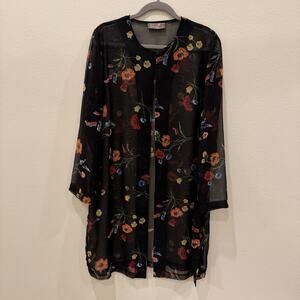 Redford Fair Women’s Black Sheer w/ Flowers Long Beach Cover Up Jacket Size XL